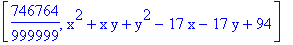 [746764/999999, x^2+x*y+y^2-17*x-17*y+94]